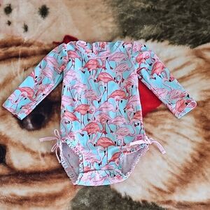Ruffle Butts Pink Flamingo Print Long-Sleeve One-Piece Swimsuit Size 12-18 Month